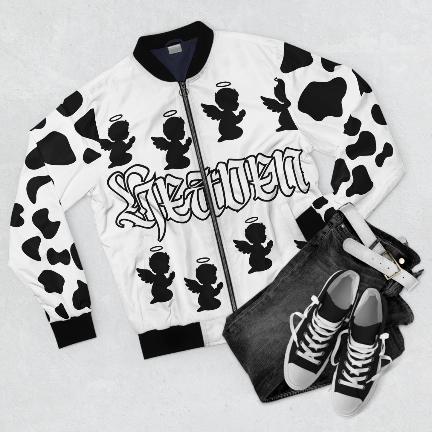 Heaven Bound Bomber Jacket — Black & White Angel Cherub