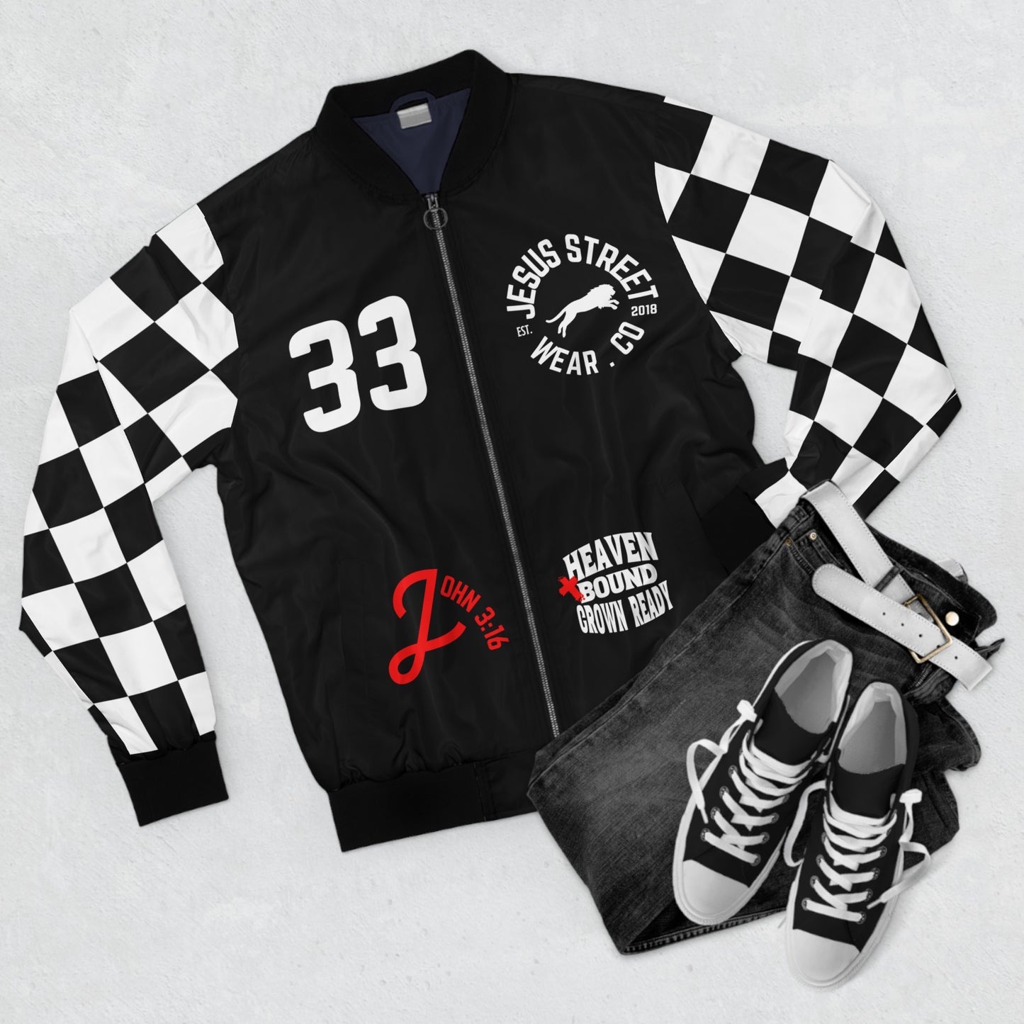 Heaven Bound  Bomber Jacket Checker Pattern