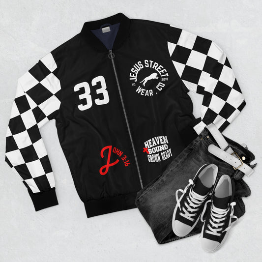 Heaven Bound  Bomber Jacket Checker Pattern